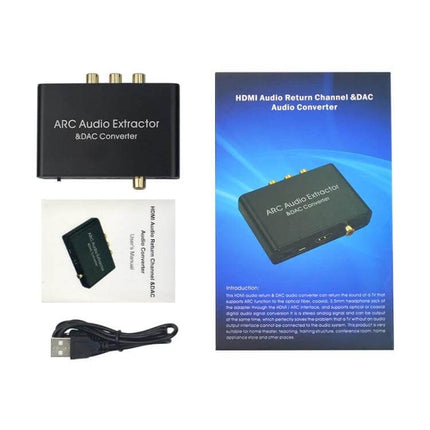 HDMI Audio Return Channel Converter for TV Sound Systems compact ARC audio extractor with optical coaxial and analog outputs, USB cable and manual