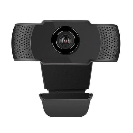 USB Webcam with Built-in Microphone for Video Calls on PCs showing 1080P HD lens, clip-on mount and built-in mic for clear video and audio