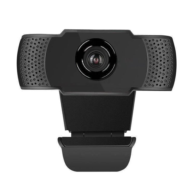 USB Webcam with Built-in Microphone for Video Calls on PCs showing 1080P HD lens, clip-on mount and built-in mic for clear video and audio