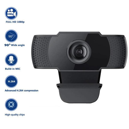 USB Webcam with Built-in Microphone for Video Calls on PCs — 1080P HD, 90° wide angle, built-in mic, clip-on design