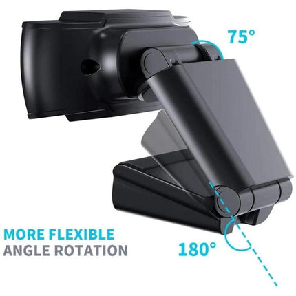 USB Webcam with Built-in Microphone for Video Calls on PCs showing foldable adjustable 75° and 180° angle rotation
