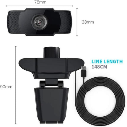 USB Webcam with Built-in Microphone for Video Calls on PCs showing 1080P webcam front, clip mount and 148cm USB cable