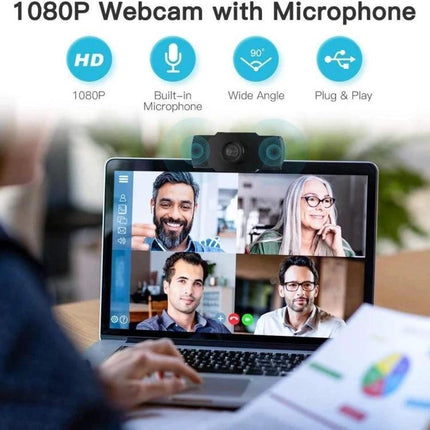USB Webcam with Built-in Microphone for Video Calls on PCs showing 1080P video call on laptop with four participants