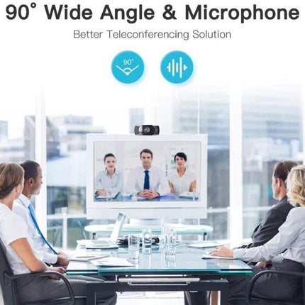 USB Webcam with Built-in Microphone for Video Calls on PCs showing 90° wide angle in a conference room with clear 1080P feed