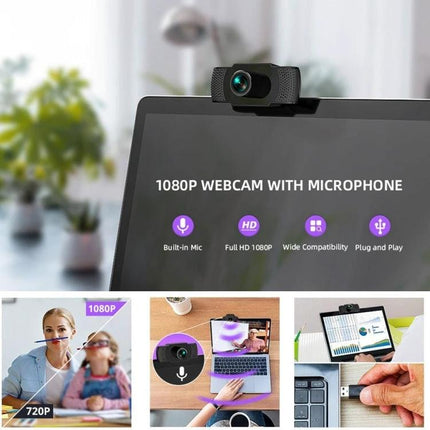 USB Webcam with Built-in Microphone for Video Calls on PCs 1080P HD webcam on laptop with built‑in mic, plug-and-play for remote work and online learning