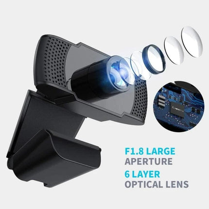 USB Webcam with Built-in Microphone for Video Calls on PCs showing 1080P HD lens, F1.8 aperture and built-in mic for clear video and audio