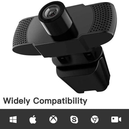 USB Webcam with Built-in Microphone for Video Calls on PCs showing 1080P HD camera on adjustable clip with built-in mic for PC video calls