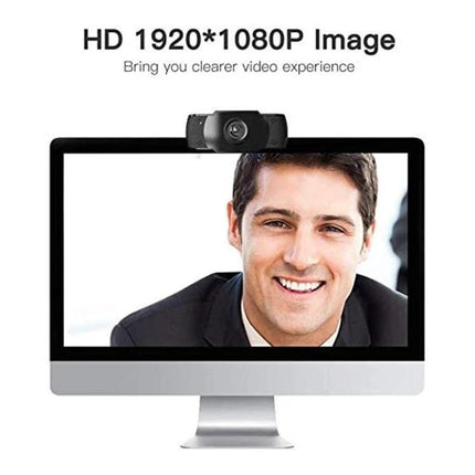USB Webcam with Built-in Microphone for Video Calls on PCs showing 1080P HD 1920x1080 image mounted on a monitor for clear video calls