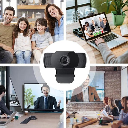USB Webcam with Built-in Microphone for Video Calls on PCs showing 1080P HD webcam used for family chats, business meetings, and online learning