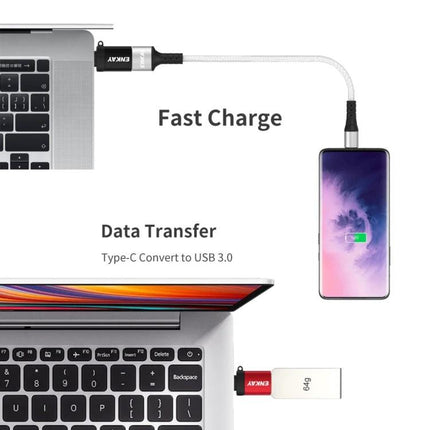 ENKAY Adapter for Everyday Device Connections On the Go showing laptop to phone fast charge and USB drive file transfer with compact cable