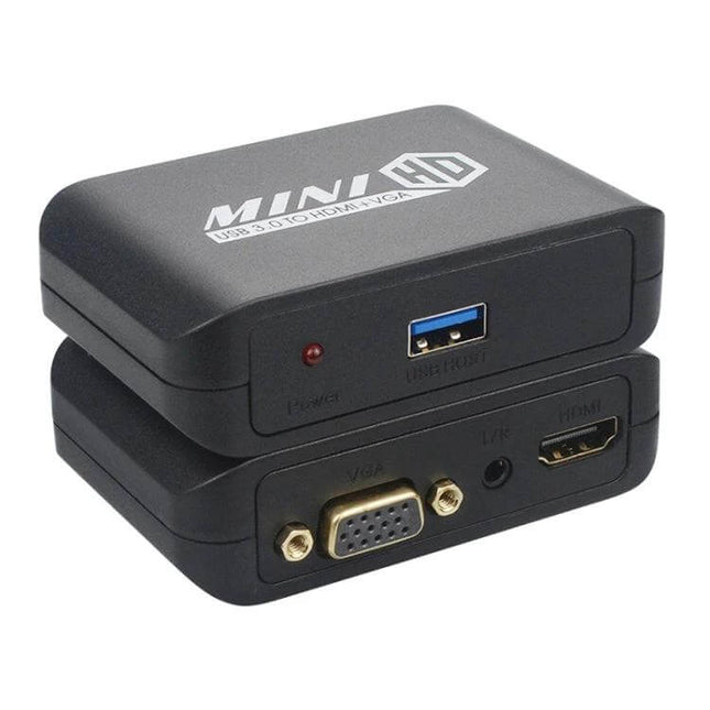 USB to HDMI and VGA Adapter for Computer External Displays compact black adapter showing USB 3.0, HDMI and VGA ports for laptops