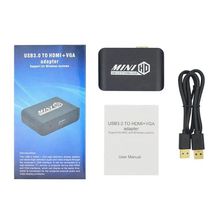 USB to HDMI and VGA Adapter for Computer External Displays - compact USB3.0 adapter with HDMI/VGA ports, cable and user manual for monitors and projectors