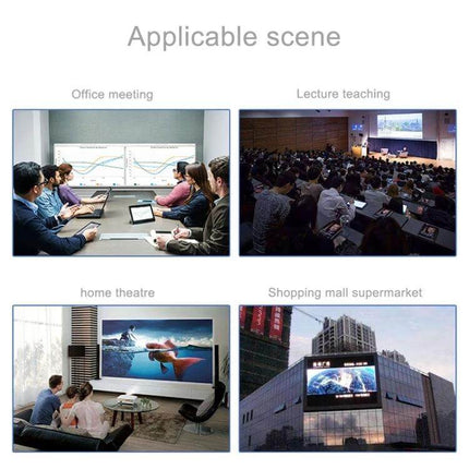 USB to HDMI and VGA Adapter for Computer External Displays showing office meeting, lecture, home theatre and shopping mall use