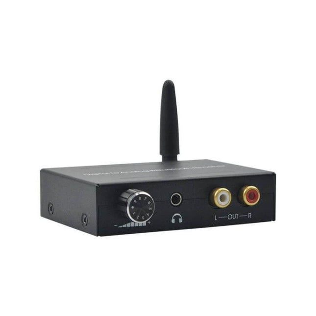 Digital Audio Converter with Bluetooth for Home Theater Use - compact black unit with antenna, volume knob, headphone jack and L/R RCA outputs