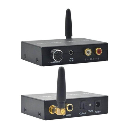 Digital Audio Converter with Bluetooth for Home Theater Use compact black stereo DAC with optical/coaxial inputs, RCA outputs and Bluetooth antenna