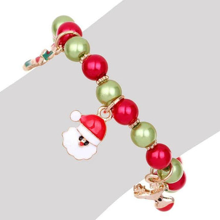 Santa Claus Reindeer Bracelet 18cm Adjustable Christmas Gift - festive red and green bead bracelet with Santa charm