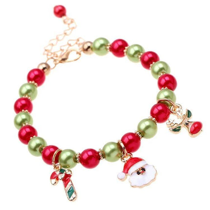 Santa Claus Reindeer Bracelet 18cm Adjustable Christmas Gift - red green bead bracelet with Santa, candy cane and reindeer charms