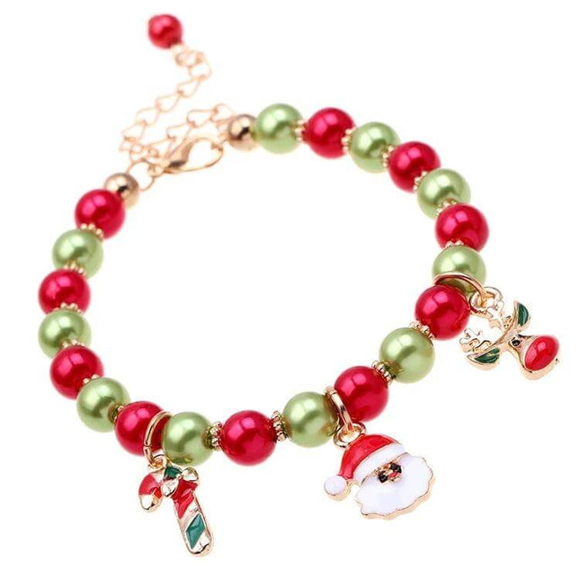 Santa Claus Reindeer Bracelet 18cm Adjustable Christmas Gift - red green bead bracelet with Santa, candy cane and reindeer charms
