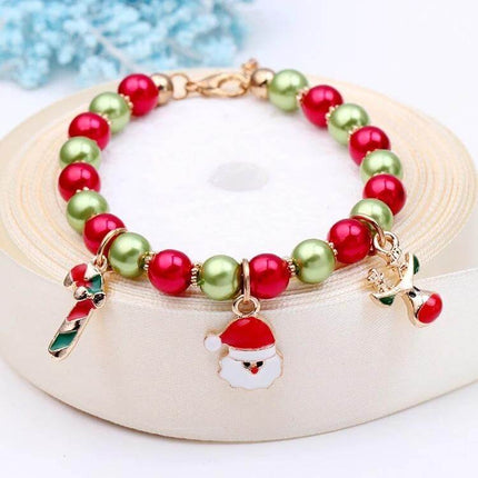 Santa Claus Reindeer Bracelet 18cm Adjustable Christmas Gift - red and green beaded bracelet with Santa, candy cane and reindeer charms