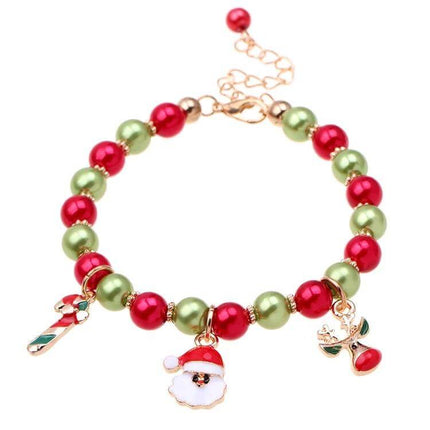 Santa Claus Reindeer Bracelet 18cm Adjustable Christmas Gift - red and green bead charm bracelet with Santa, candy cane and reindeer charms