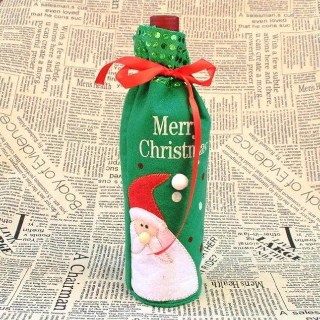 Santa Claus Wine Bottle Bag For Christmas Table Decor green Santa motif wine bag with red bow centerpiece