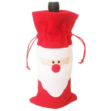 Santa Pattern Christmas Wine Bottle Bag for Table Decor - red flannel Santa wine bottle cover with drawstring, cozy festive table decor