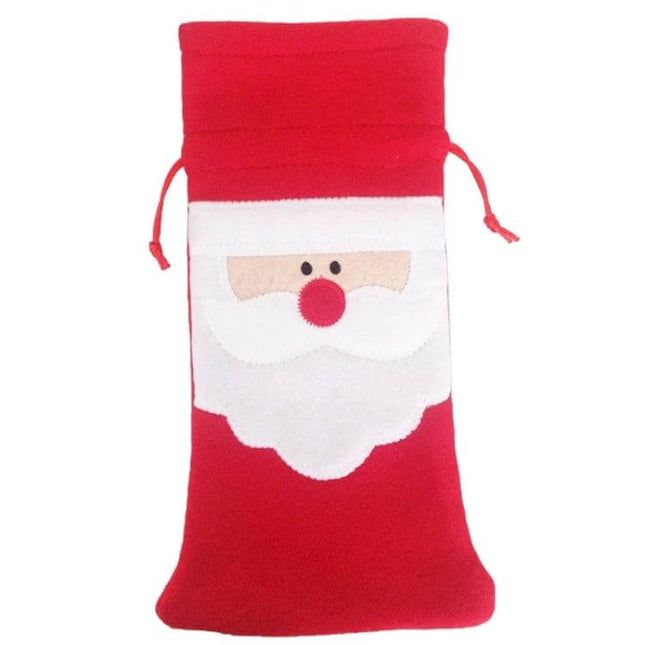 Santa Pattern Christmas Wine Bottle Bag for Table Decor - red flannel bottle cover with Santa face, drawstring top for festive table display