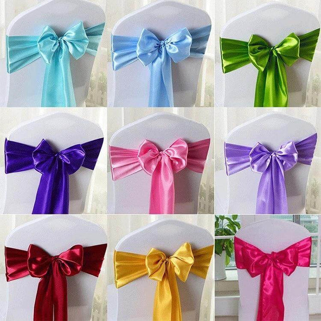 Satin Chair Bows 3-Piece Set, 14 cm x 275 cm for Weddings - assorted satin chair bows in pastel and jewel tones on white chair covers