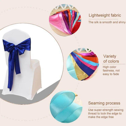 Satin Chair Bows 3-Piece Set, 14 cm x 275 cm for Weddings displayed on a white chair with navy satin bow and color swatches