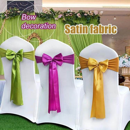 Satin Chair Bows 3-Piece Set, 14 cm x 275 cm for Weddings displayed on white chairs in green, magenta and gold satin bows