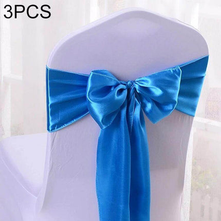 Satin Chair Bows 3-Piece Set, 14 cm x 275 cm for Weddings - Blue satin chair bow on white chair back