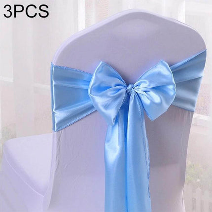 Satin Chair Bows 3-Piece Set, 14 cm x 275 cm for Weddings - light blue satin bow tied on white chair back