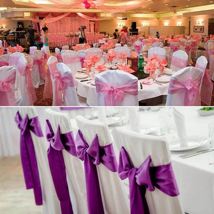 Satin Chair Bows 3-Piece Set, 14 cm x 275 cm for Weddings tied on white banquet chairs in pink and purple reception decor