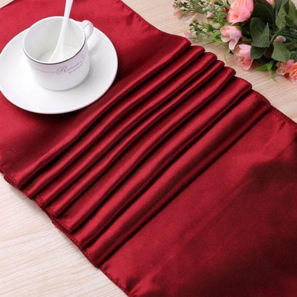Satin Tablecloth 30x275 Cm For Weddings And Parties - elegant red 100% polyester satin runner on banquet table with cup and flowers