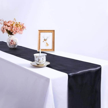 Satin Tablecloth 30x275 Cm For Weddings And Parties black satin table runner on white banquet table with vase and cup