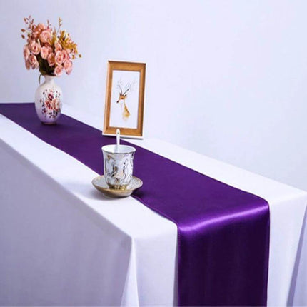 Satin Tablecloth 30x275 Cm For Weddings And Parties - purple satin runner on white banquet table with vase and teacup