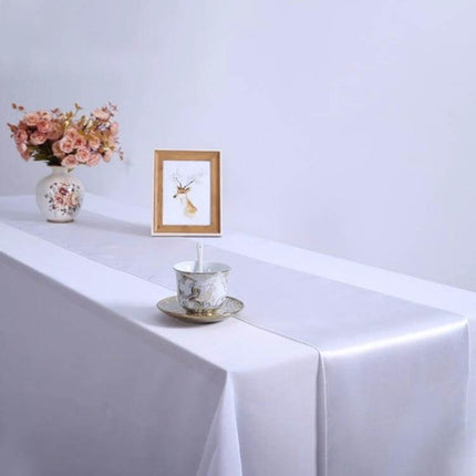 Satin Tablecloth 30x275 Cm For Weddings And Parties plain white satin polyester runner on banquet table with teacup and flowers