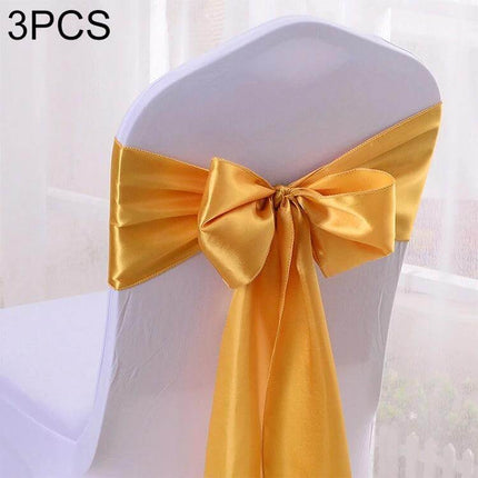 Satin Chair Bows 3-Piece Set, 14 cm x 275 cm for Weddings – Gold satin chair bow tied on white chair back