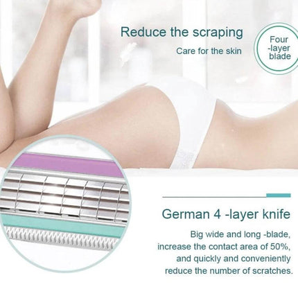 Schick Women’s Razor For Sensitive Skin Everyday Use showing razor close-up with four-layer blade and woman’s smooth leg