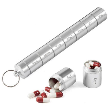 Sealed Waterproof 7-Day Aluminum Pill Box For Daily Medication compact aluminum weekly pill organizer with keyed ring, labeled daily compartments, moisture-resistant
