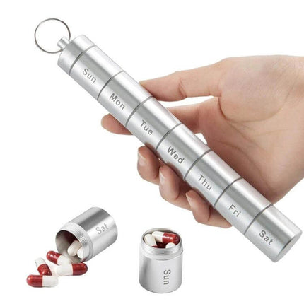 Sealed Waterproof 7-Day Aluminum Pill Box For Daily Medication - compact silver weekly pill organizer, waterproof aluminum, labeled days, travel friendly