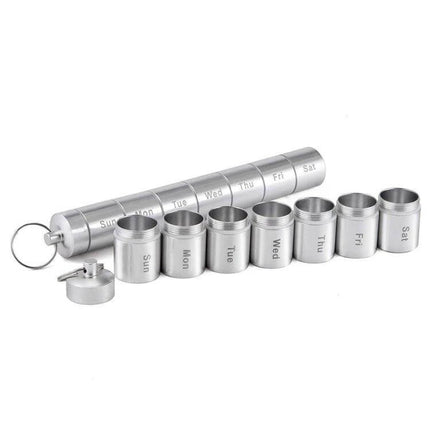 Sealed Waterproof 7-Day Aluminum Pill Box For Daily Medication compact aluminum weekly organizer with labeled screw-top compartments and keyring