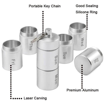 Sealed Waterproof 7-Day Aluminum Pill Box For Daily Medication compact aluminum weekly organizer with silicone ring and keychain, moisture-resistant