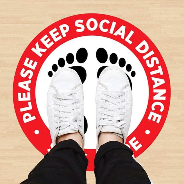 Self-Adhesive Social Distance Floor Sticker 24x24 cm - white shoes on red round peel-and-stick PVC floor decal guiding pedestrian spacing