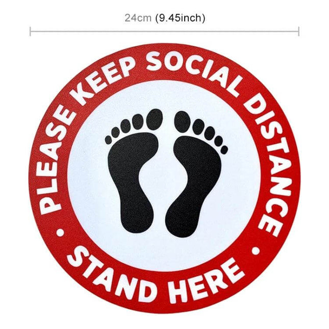 Self-Adhesive Social Distance Floor Sticker 24x24 cm - round red “Stand Here” floor decal with footprints for indoor queue spacing