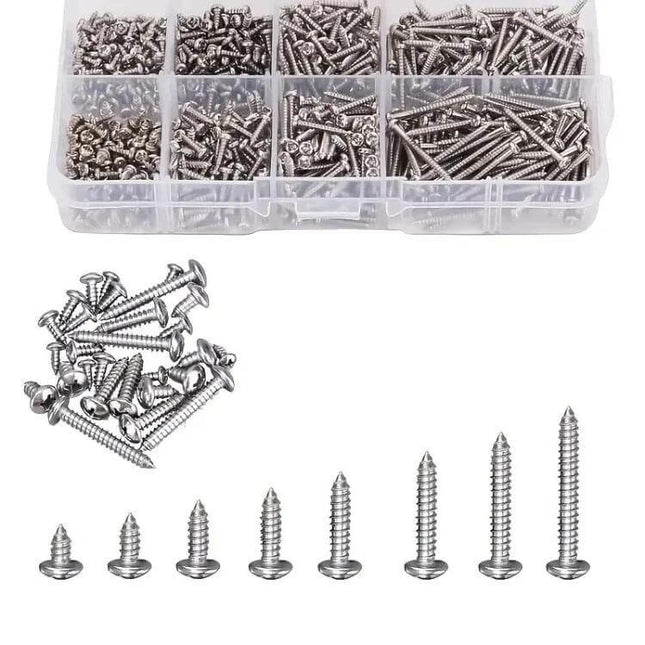 Self-Drilling Screw Kit, Round Head, 800pcs For Everyday Fastening - 304 stainless steel round-head screws organized in partitioned plastic case