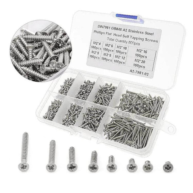 Self-Drilling Screw Kit, Round Head, 800pcs For Everyday Fastening - 304 stainless steel M2 round-head screws organized in clear plastic case, rust-resistant