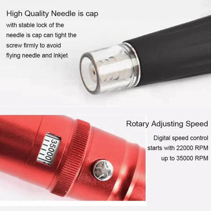 Semi-Permanent Tattoo Machine For Eyebrows, Everyday Makeup Tool compact stainless steel tattoo pen showing high-quality needle cap and rotary adjusting speed dial