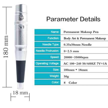 Semi-Permanent Tattoo Machine For Eyebrows, Everyday Makeup Tool compact stainless steel permanent makeup pen with stepless 22000-35000 RPM control