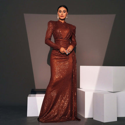 Sequined Banquet Dress Long Sleeve for Evening Events - bronze sequin long-sleeve hip-skirt gown for weddings, galas and receptions